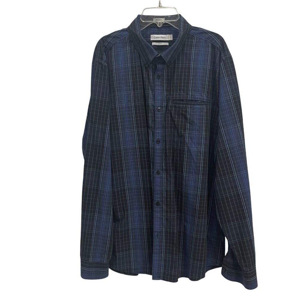 Calvin Klein Men's Slim Fit Plaid Button-Down Shirt Large Navy Blue Black Cotton